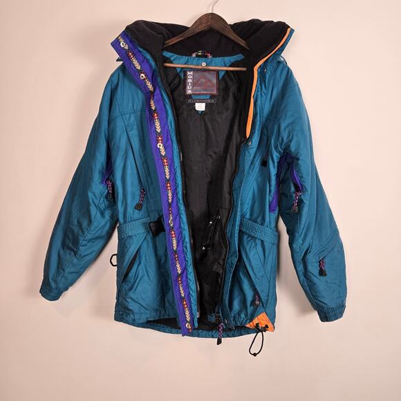 Vintage 80s 90s Ski Coat Winter Jacket Belted Teal Large - Picture 5 of 16